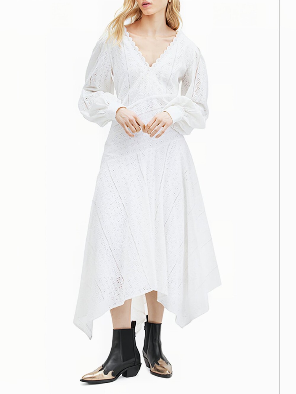 All Saints Aviana White Broderie Eyelet Boho Organic Cotton Midi Dress Size 4